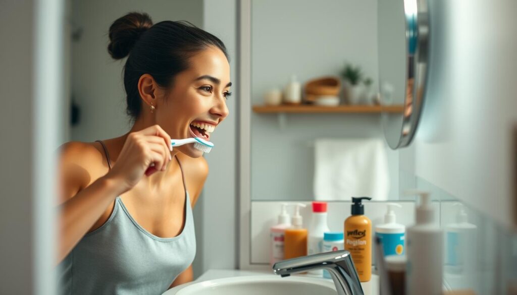 A well-lit bathroom scene showcasing a person intently brushing their teeth in front of a mirror, with various lifestyle accessories and products arranged neatly around the sink. The image should convey a sense of healthy oral hygiene habits and their connection to overall wellness. Soft, directional lighting from the side creates depth and highlights the textures of the toothbrush, toothpaste, and other items. The mirror's reflection adds an additional layer of visual interest. The person's expression should radiate focus and dedication to their dental care routine.