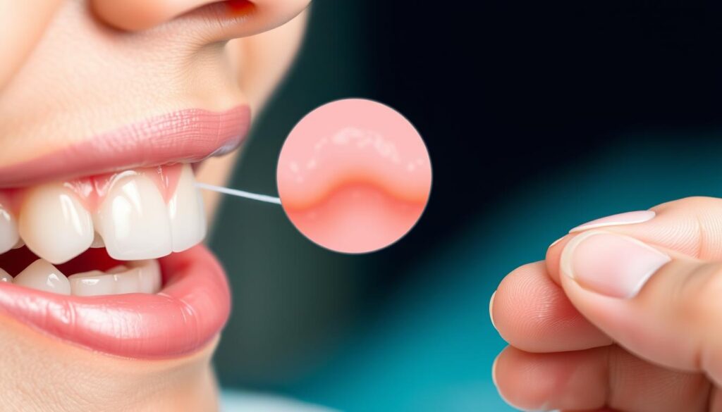 A well-lit, close-up composition showcasing the benefits of flossing for dental health. In the foreground, a hand holds a piece of floss, delicately threaded between a set of healthy, gleaming teeth. The middle ground features a magnified view of the gum line, revealing how flossing dislodges plaque and food debris. In the background, a soft, ethereal gradient of blues and greens evokes a sense of cleanliness and oral hygiene. The lighting is natural and diffused, creating a crisp, detailed image that emphasizes the importance of regular flossing for preventing cavities and maintaining a vibrant, cavity-free smile.