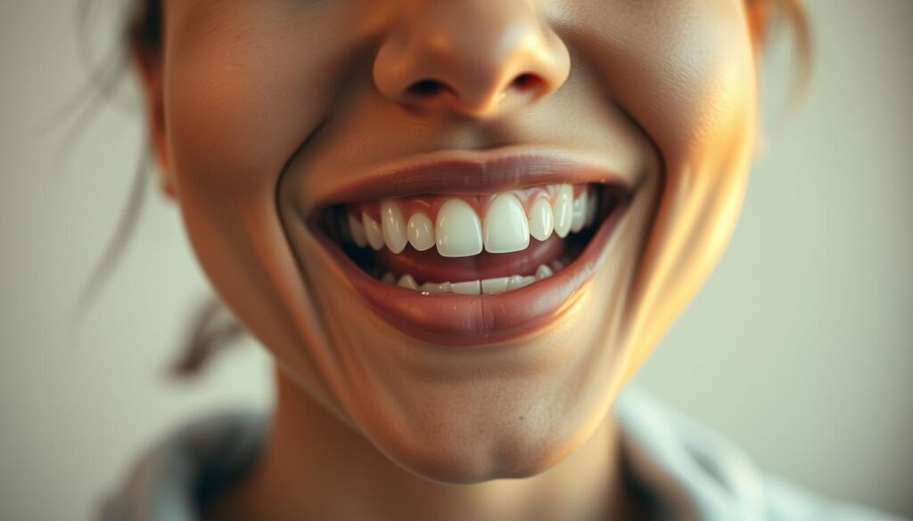 A well-lit, close-up photograph of a person's mouth and teeth, showcasing a clean, fresh, and odor-free smile. The subject is in the foreground, with a soft, blurred background that emphasizes the importance of dental hygiene. The lighting is warm and natural, creating a calming and inviting atmosphere. The image captures the essence of a healthy, confident smile, conveying the message that regular dental visits are essential for maintaining fresh breath and overall oral health.