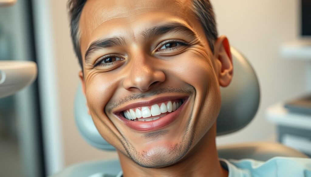 A well-lit close-up portrait of a healthy, smiling adult patient with perfect teeth and jaw structure, sitting comfortably in a dentist's chair. The subject's face is in sharp focus, with soft, even lighting that highlights their facial features and healthy gum and tooth condition. The background is slightly blurred, suggesting a modern, sterile dental office environment. The overall impression conveys the patient's suitability and readiness for dental implant treatment, exuding confidence, comfort, and optimal oral health.