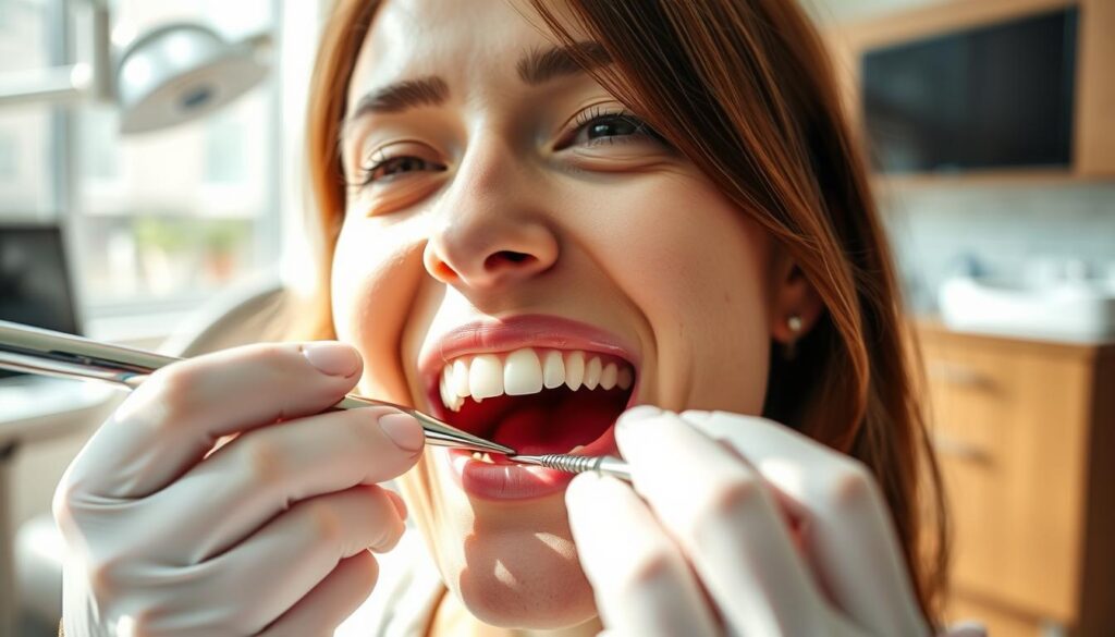 A well-lit, close-up scene of a dental hygienist carefully cleaning a patient's teeth using specialized tools and techniques. The patient's mouth is open, revealing their teeth being gently scraped and polished. The hygienist's face is in focus, their expression one of concentration and care. In the background, a modern, clean dental office with subtle details like dental chairs and equipment. Bright, natural lighting casts a warm, inviting glow, emphasizing the importance of regular dental check-ups and cleanings for maintaining oral health and preventing gum disease.