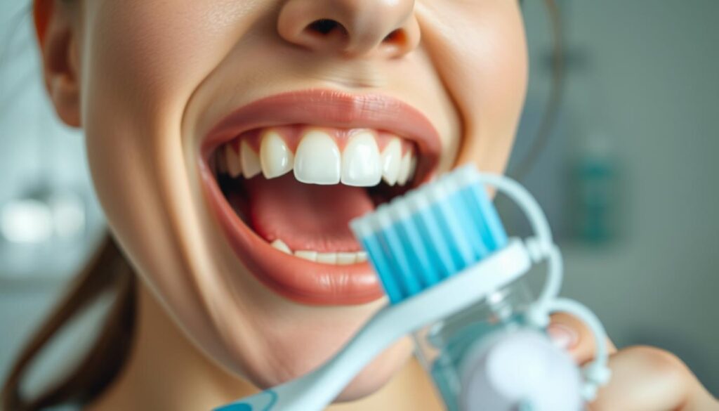 A well-lit, close-up scene of a person's mouth and teeth, featuring dental tools and products. The focus is on the foreground, with a toothbrush, toothpaste, and dental floss prominently displayed. The middle ground shows the person's open mouth, revealing a set of clean, healthy teeth. The background is blurred, but suggests a bathroom or dental clinic setting, with minimal distractions. The lighting is soft and natural, creating a serene, inviting atmosphere that emphasizes the importance of proper dental hygiene and its role in maintaining fresh breath.