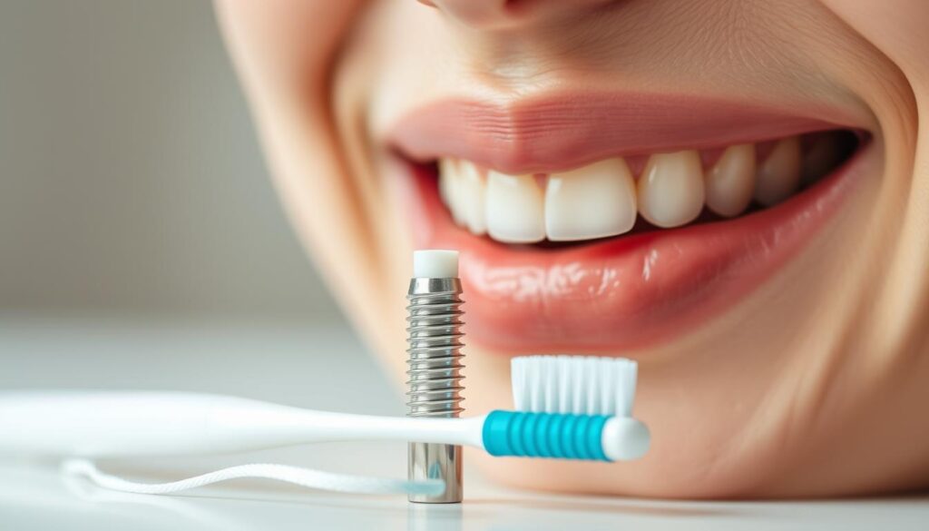 A well-lit, close-up shot of a person's mouth, showcasing a set of healthy, gleaming dental implants. The mouth is slightly open, revealing the implants in the foreground, surrounded by clean, gum tissue. In the middle ground, a toothbrush and dental floss are neatly arranged, conveying the importance of meticulous oral hygiene. The background is blurred, creating a serene, calming atmosphere that emphasizes the focus on the implants. The lighting is soft and diffused, accentuating the natural sheen of the implants and the overall sense of dental wellness.