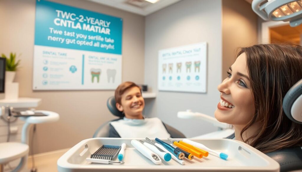 A well-lit dental office interior, with a modern and inviting atmosphere. In the foreground, a patient sits in a comfortable dental chair, receiving a routine checkup from a friendly dentist. The patient's teeth are visible, showcasing healthy, clean, and evenly spaced dentition. In the middle ground, dental hygiene tools and equipment are neatly arranged on a tray, conveying the importance of proper oral care. The background features informative wall displays, highlighting the recommended twice-yearly dental visit schedule and illustrating optimal brushing and flossing techniques. The overall scene promotes the value of proactive dental health management and the role of regular check-ups in maintaining a bright, confident smile.