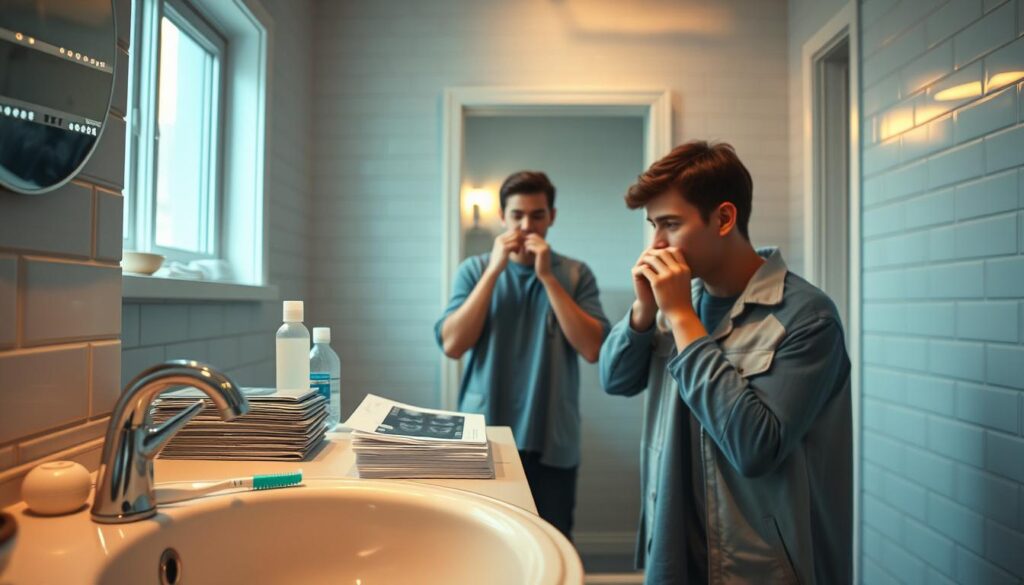 A well-lit, hyper-realistic scene of a person preparing for their first dental visit in years. In the foreground, a sink with toothbrush, toothpaste, and dental floss neatly arranged. On the counter, a stack of dental x-rays, a dental mirror, and a bottle of mouthwash. In the middle ground, a person standing in front of a bathroom mirror, eyes focused intently as they floss and inspect their teeth. Soft, diffused lighting from a window casts a warm glow, creating an atmosphere of anticipation and nervous attention to detail. The background features a clean, tidy bathroom with subway tile walls and a large, illuminated vanity mirror.