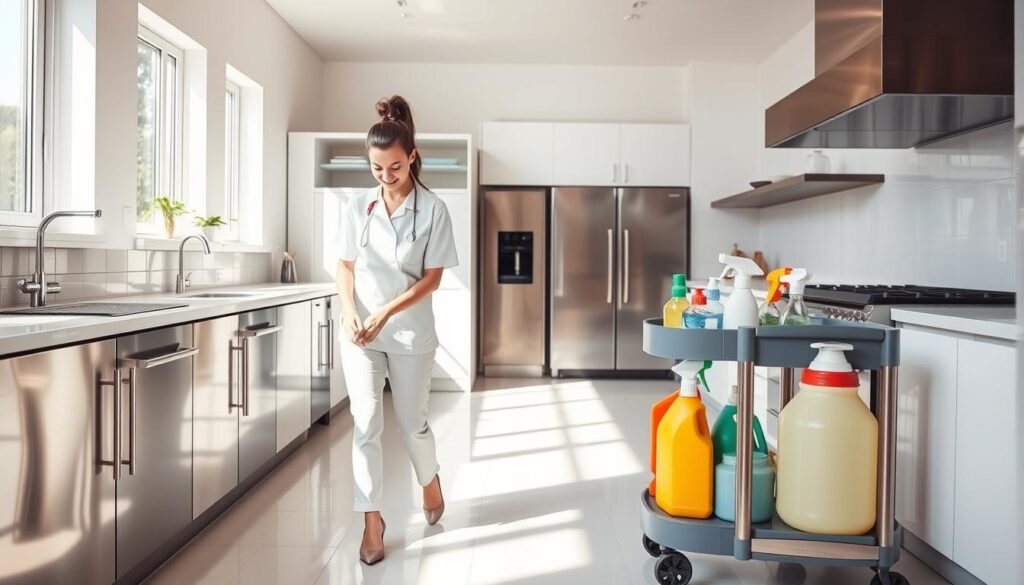 A well-lit kitchen with gleaming stainless steel appliances and pristine tile floors. A woman in a crisp white cleaning uniform methodically scrubbing away grime from the countertops, her face set with determination. Specialized cleaning tools and solutions arranged neatly on a rolling cart, ready to tackle every nook and cranny. Streams of sunlight filtering through large windows, illuminating the space and creating a sense of freshness and renewal. The air is thick with the scent of disinfectants and a faint citrus aroma, conveying the thoroughness of the deep cleaning process. The overall atmosphere is one of order, cleanliness, and a job well done.