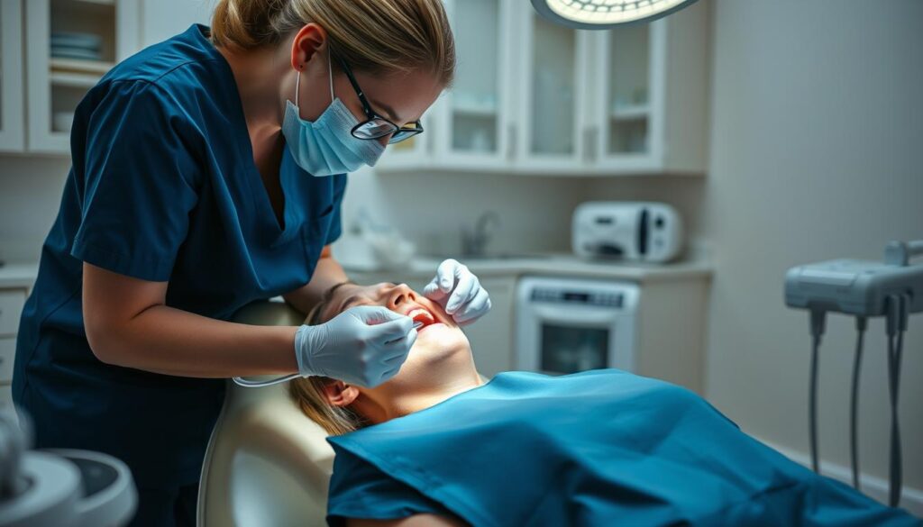 Dental clinic interior, with a patient reclined in a chair, undergoing a routine cleaning procedure. Soft lighting illuminates the scene, creating a calming atmosphere. The dental hygienist, dressed in scrubs, leans in with a gentle touch, using professional tools to meticulously clean the patient's teeth. In the background, cabinets and medical equipment suggest a well-equipped, modern dental practice. The patient's expression conveys a sense of trust and comfort, as the routine cleaning is carried out with precision and care.
