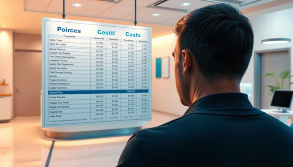 Detailed 3D rendering of a dental office reception area, showcasing the various costs associated with dental treatments. Prominent display of a large price chart showing a range of procedures and their corresponding fees. In the foreground, a person studying the chart closely, expression showing concern. Soft, warm lighting illuminates the space, conveying a sense of professionalism and care. The middle ground features a welcoming receptionist desk, while the background depicts a modern, clean dental environment with state-of-the-art equipment. The overall scene aims to visually communicate the importance of understanding dental treatment costs and the challenges patients may face when considering necessary care.