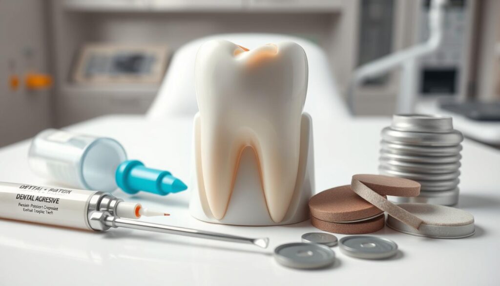 Detailed close-up of dental treatments for chipped teeth, showcased on a clinical white background. In the foreground, various dental tools and materials such as dental adhesive, resin composite, and polishing discs are neatly arranged. In the middle ground, a model of a human tooth with a chipped edge is prominently displayed, illuminated by soft, even lighting. The background features medical equipment and cabinets, conveying a professional, clinical atmosphere. The overall mood is one of informative clarity, highlighting the different techniques and materials used to restore chipped teeth.