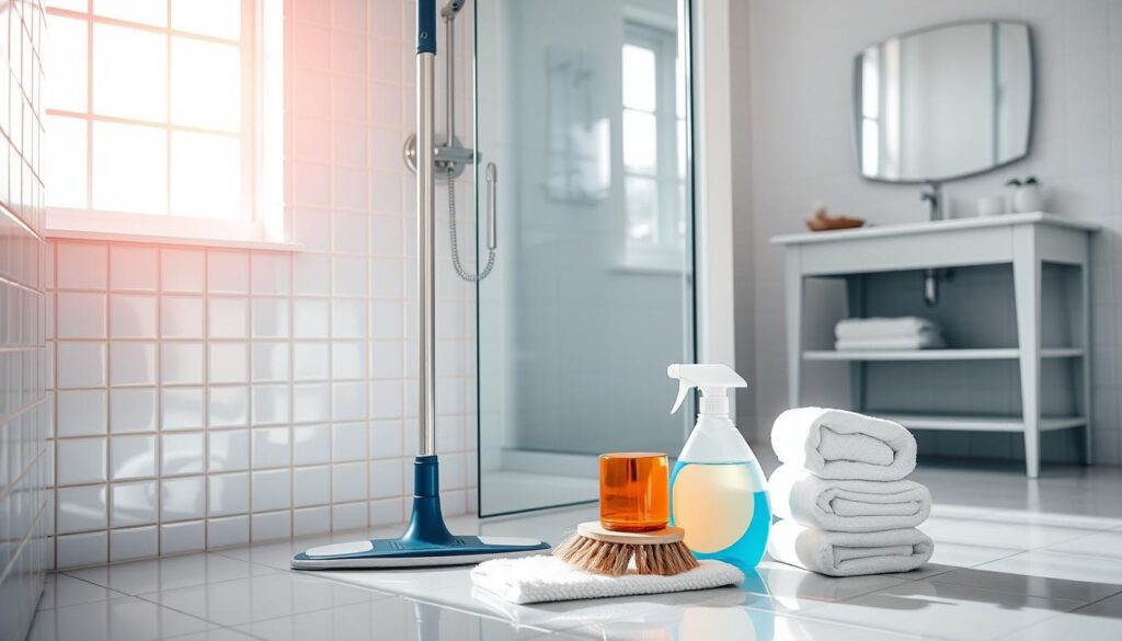 Pristine bathroom tiles, gleaming faucets, and a spotless shower enclosure. Sunlight streams through the window, casting a warm glow over the meticulously organized cleaning supplies. In the foreground, a mop, a scrub brush, and a bottle of all-purpose cleaner stand ready, symbolizing the routine maintenance that keeps this space sparkling. The middle ground features a neatly folded stack of fresh towels, while the background showcases a tidy vanity with carefully arranged personal care items. This image conveys a sense of order, cleanliness, and the satisfaction of a job well done, embodying the essence of "Understanding Regular Cleaning." Pristine bathroom tiles, gleaming faucets, and a spotless shower enclosure. Sunlight streams through the window, casting a warm glow over the meticulously organized cleaning supplies. In the foreground, a mop, a scrub brush, and a bottle of all-purpose cleaner stand ready, symbolizing the routine maintenance that keeps this space sparkling. The middle ground features a neatly folded stack of fresh towels, while the background showcases a tidy vanity with carefully arranged personal care items. This image conveys a sense of order, cleanliness, and the satisfaction of a job well done, embodying the essence of "Understanding Regular Cleaning."