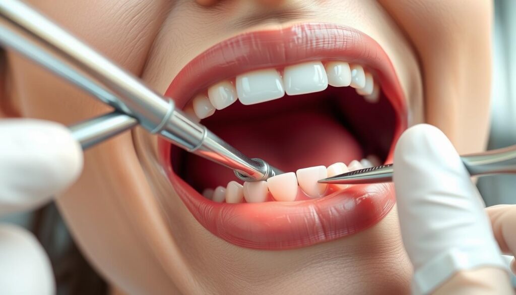 a detailed, highly realistic 3D rendering of a person's mouth undergoing a professional dental cleaning for whitening, with a bright and clean aesthetic. The mouth is open, revealing the teeth and gums, and a dentist's hand holding a dental tool is visible, gently working to remove stains and plaque. The lighting is soft and natural, accentuating the textures of the teeth and gums. The background is blurred, placing the focus entirely on the cleaning process. The overall mood is one of a routine, yet important, dental procedure aimed at improving the whiteness and health of the teeth.
