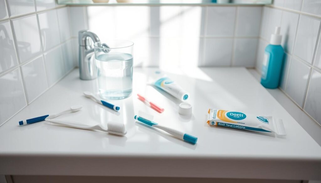 A bright, clean bathroom counter littered with dental hygiene tools and products after a thorough cleaning session. A glass of water, toothbrush, dental floss, and toothpaste tubes are scattered haphazardly, conveying a sense of completion and accomplishment. Bright, natural lighting floods the scene, casting soft shadows and highlighting the gleaming, freshly polished surfaces. The overall mood is one of cleanliness, health, and a renewed commitment to oral care.
