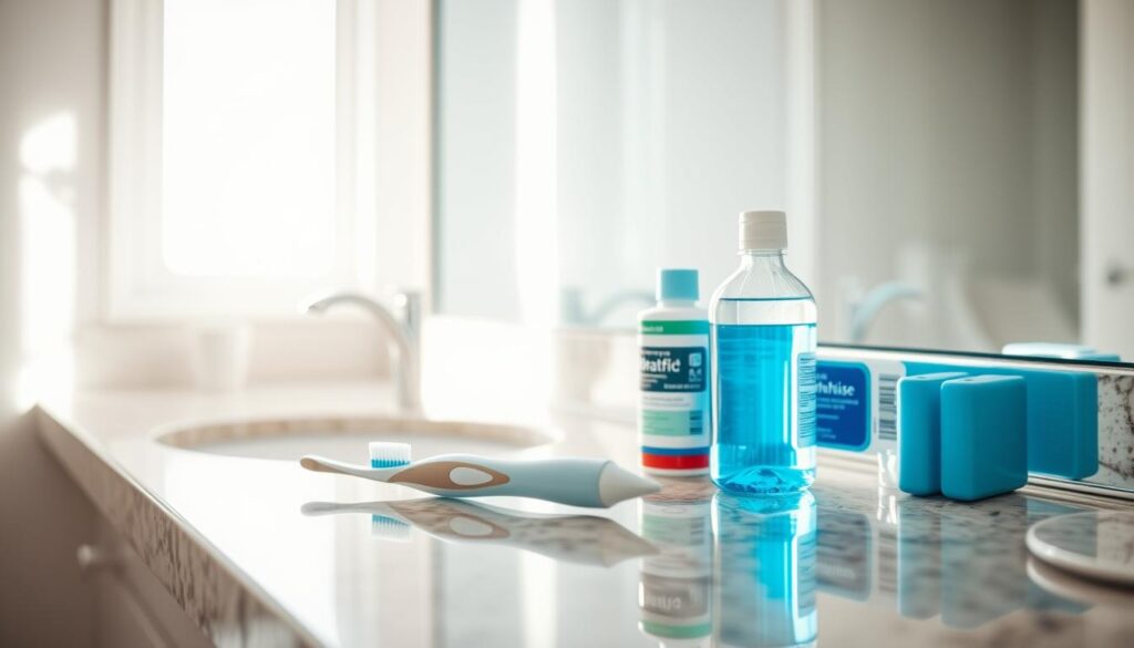 A brightly lit bathroom counter, neatly arranged with a toothbrush, toothpaste, dental floss, and mouthwash. Soft, natural lighting from a window creates a warm, inviting atmosphere. The counter is made of polished granite, reflecting the items placed upon it. In the background, a clean, pristine mirror reflects the scene, adding depth and a sense of order. The overall impression is one of a well-organized, effective oral hygiene routine, ready to maintain a bright, healthy smile post-dental cleaning.