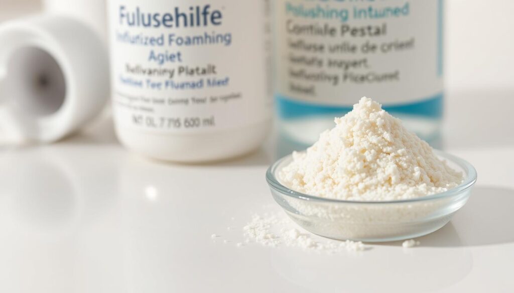 A close-up of an array of dental polishing agents on a clean, white surface. In the foreground, a pile of gritty, off-white dental polishing paste sits in a small dish, its coarse, grainy texture visible. Behind it, a clear container holds a fluoride-infused foaming agent, its frothy, airy appearance contrasting with the dense paste. The lighting is soft and diffused, casting gentle shadows and highlighting the subtle sheen of the products. The scene conveys a sense of clinical precision and the essential tools used in thorough dental cleanings.