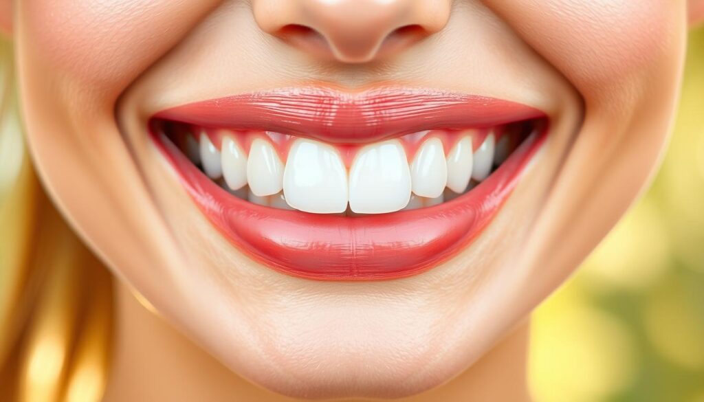 A close-up shot of a vibrant, healthy smile against a soft, natural backdrop. Bright, even teeth with a radiant, just-polished sheen, accentuated by the diffuse, warm lighting. The gums are pink and glistening, a testament to thorough dental cleaning. The image exudes a sense of refreshed, confident oral health, inviting the viewer to consider the benefits of maintaining a bright, well-cared-for smile.