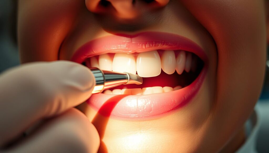 A close-up view of a dentist's hand gently polishing a patient's teeth with a rotating dental tool, creating a sparkling, pristine smile. The scene is illuminated by a warm, clinical light, casting soft shadows that accentuate the intricate details of the polishing process. The patient's mouth is slightly open, revealing the delicate enamel as it is expertly buffed to a smooth, flawless finish. The dentist's concentration is palpable, their movements precise and deliberate, showcasing the skill and care required to achieve a thorough, professional teeth polishing. The background is blurred, keeping the focus firmly on the polishing action at hand.
