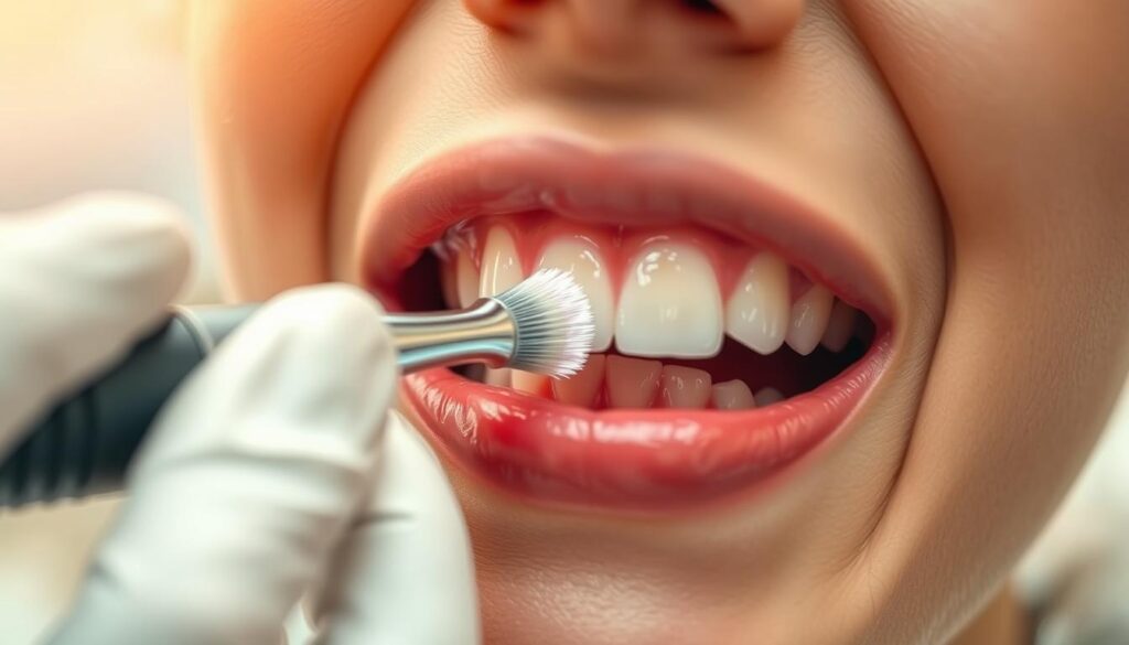 A close-up view of a dentist's hand gently polishing a patient's tooth with a rotating electric brush, creating a sparkling, clean finish. The patient's mouth is open, highlighting the intricate details of the tooth enamel. The lighting is soft and diffused, casting a warm, clinical atmosphere. The background is blurred, placing the focus entirely on the polishing process. The scene conveys the importance of proper dental hygiene and debunks the myth that teeth polishing is an unnecessary or painful procedure.
