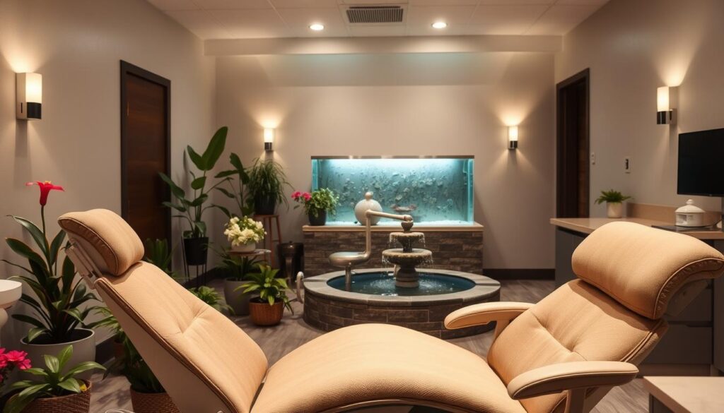 A dental office interior with soothing, spa-like ambiance. In the foreground, a comfortable reclining chair with plush upholstery and adjustable headrest, surrounded by serene botanical elements like potted plants and fresh flowers. The middle ground features a calming water feature, such as a small fountain or aquarium, with the sound of gentle flowing water. In the background, muted neutral tones on the walls, with soft indirect lighting from wall sconces and recessed ceiling fixtures, creating a tranquil, low-stress atmosphere. The overall mood evokes a sense of relaxation and ease, inviting patients to unwind during their dental visit.