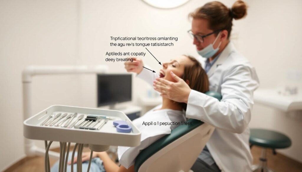 A dentist's chair in a bright, clean dental office. On the tray beside the chair are various dental tools and implements. In the foreground, a patient is seated in the chair, their mouth open as the dentist demonstrates techniques to manage the gag reflex, such as using a tongue depressor, applying topical anesthesia, and guiding the patient through deep breathing exercises. The scene is captured with a shallow depth of field, keeping the patient and dentist in focus while the background is slightly blurred. Soft, diffused lighting illuminates the scene, creating a calming and professional atmosphere.