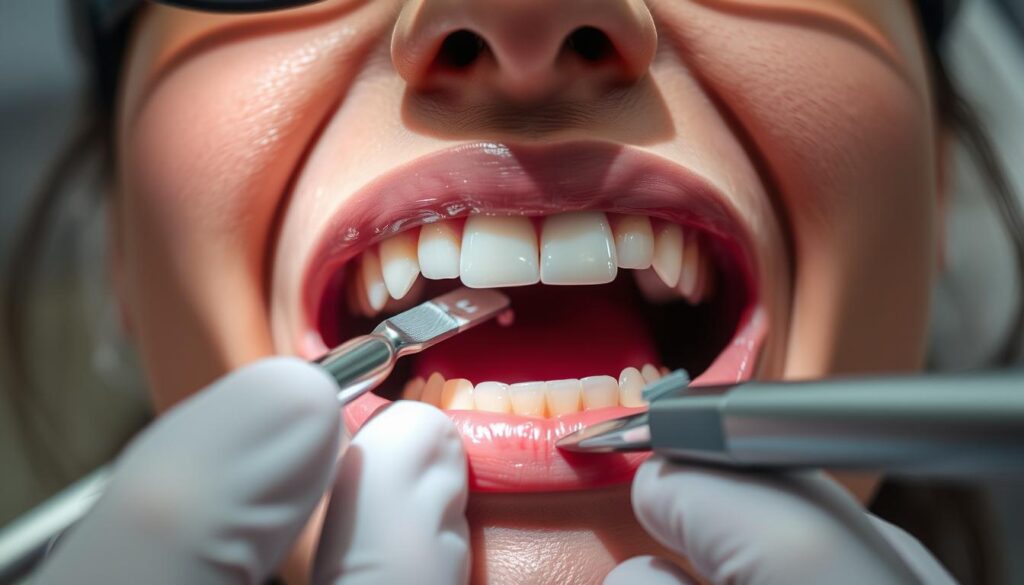 A detailed close-up view of a person's mouth undergoing a professional teeth cleaning procedure, with the dentist's hands gently scraping away plaque and tartar using specialized dental tools. The lighting is soft and diffused, creating a calming atmosphere. The image captures the various stages of the cleaning process, from the initial inspection to the final polishing, showcasing the importance of regular dental hygiene and the potential need for more frequent cleanings based on individual oral health conditions. A detailed close-up view of a person's mouth undergoing a professional teeth cleaning procedure, with the dentist's hands gently scraping away plaque and tartar using specialized dental tools. The lighting is soft and diffused, creating a calming atmosphere. The image captures the various stages of the cleaning process, from the initial inspection to the final polishing, showcasing the importance of regular dental hygiene and the potential need for more frequent cleanings based on individual oral health conditions.
