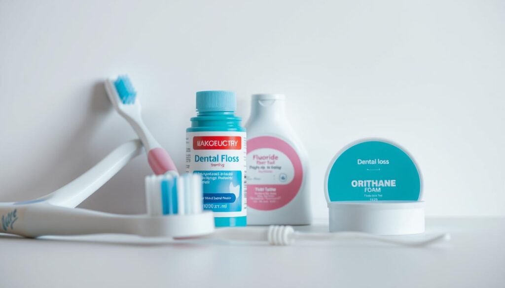 A high-resolution close-up image of a neatly arranged collection of oral hygiene supplies, including a toothbrush, toothpaste, dental floss, and a small container of fluoride foam, all set against a clean, minimalist background with soft, diffused lighting that accentuates the textures and colors of the products. The composition should be visually balanced and aesthetically pleasing, conveying a sense of cleanliness, precision, and the importance of proper dental care.