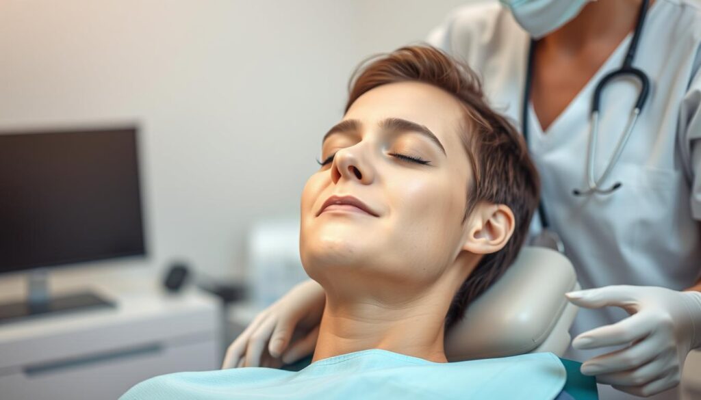 A person sitting in a dental chair, eyes closed, with a healthcare professional standing beside them. The lighting is soft and calming, creating a serene atmosphere. The person's expression is calm and relaxed, indicating they are actively focusing on techniques to manage their gag reflex. The background is blurred, keeping the attention on the central interaction. The overall scene conveys a sense of trust, empathy, and professionalism, reflecting the psychological factors that can influence the gag reflex during dental procedures.
