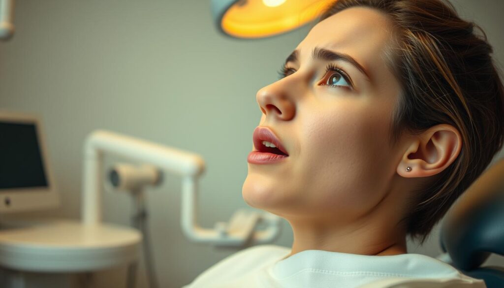 A person sitting upright, eyes focused, mouth slightly open, as they overcome their gag reflex during an oral examination. The scene is set in a bright, clean medical environment, with a dental chair and equipment in the background. Warm, diffused lighting illuminates the subject's face, conveying a sense of concentration and determination. The person's expression is one of slight discomfort, but also of control and resilience, as they navigate this challenging situation. The overall mood is one of professional, clinical competence, where the subject's ability to manage their gag reflex is central to the scene.