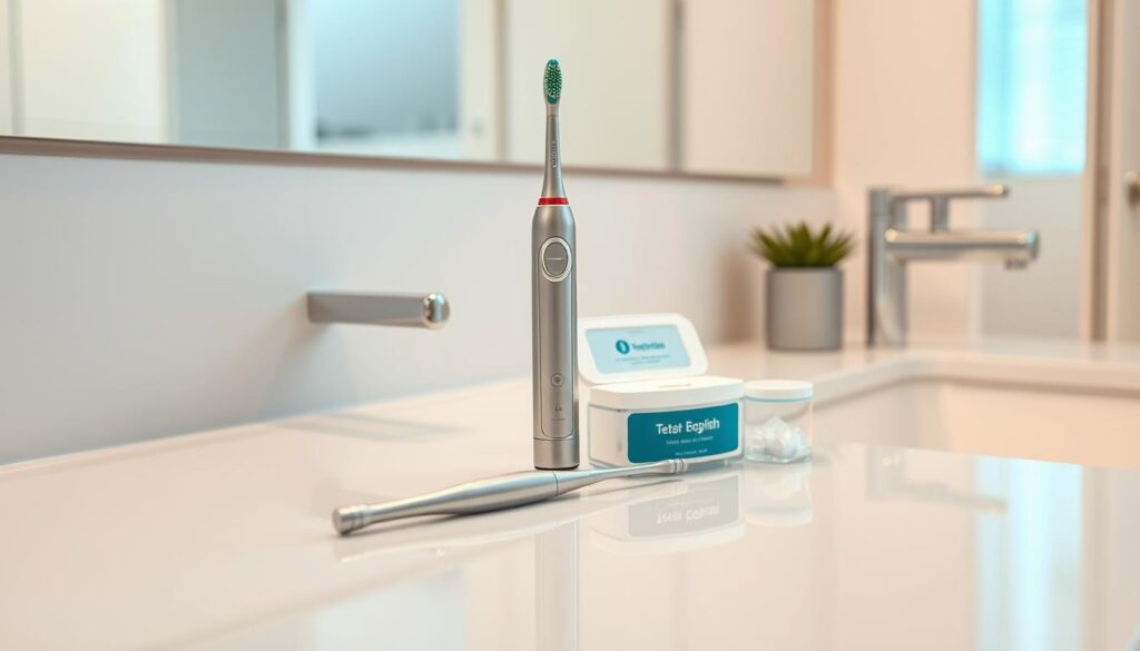 A pristine bathroom countertop, bathed in soft, warm lighting. On the counter, an array of dental hygiene essentials: a sleek electric toothbrush, a tube of premium toothpaste, and a container of floss. The image exudes a sense of freshness and cleanliness, reflecting the aftercare experience following a thorough professional teeth cleaning. The scene is captured at a slight angle, emphasizing the attention to detail and the importance of maintaining optimal oral health.