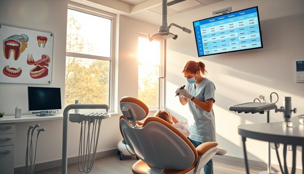 A pristine dental office interior, flooded with warm, natural light streaming through large windows. In the foreground, a dentist's chair with gleaming chrome fittings, surrounded by state-of-the-art dental equipment. On the walls, anatomical diagrams of teeth and jaw structure. In the middle ground, a dental hygienist using a high-powered cleaning tool, expertly polishing a patient's teeth. The background features a wall-mounted monitor displaying a dental cleaning schedule, emphasizing the importance of regular check-ups and cleanings for optimal oral health. A pristine dental office interior, flooded with warm, natural light streaming through large windows. In the foreground, a dentist's chair with gleaming chrome fittings, surrounded by state-of-the-art dental equipment. On the walls, anatomical diagrams of teeth and jaw structure. In the middle ground, a dental hygienist using a high-powered cleaning tool, expertly polishing a patient's teeth. The background features a wall-mounted monitor displaying a dental cleaning schedule, emphasizing the importance of regular check-ups and cleanings for optimal oral health.