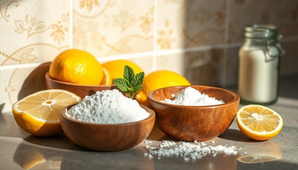 A tidy countertop with various natural ingredients for tartar removal - fresh lemon wedges, a sprig of mint, and a small wooden bowl filled with baking soda. Soft, natural lighting illuminates the scene, casting subtle shadows and highlighting the textures of the items. The overall mood is calming and inviting, suggesting a simple, DIY approach to dental care. In the background, a faded, vintage-inspired wallpaper or tile pattern provides a soothing, earthy backdrop, completing the homely, wellness-focused atmosphere.