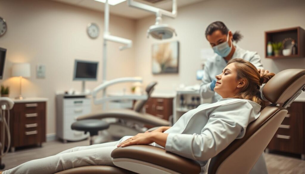 A tranquil dental clinic scene unfolds, showcasing sedation dentistry for anxious patients. In the foreground, a serene patient rests comfortably in a reclined chair, their expression peaceful as a caring dentist administers gentle sedation. The middle ground reveals state-of-the-art equipment and soothing decor, creating a calming atmosphere. The background features a warm, soft-lit environment with muted colors and gentle lighting, inviting a sense of relaxation. The scene conveys a sense of safety, trust, and professionalism, empowering anxious patients to confidently receive the dental care they need.