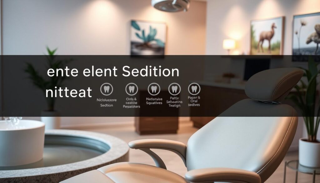 A tranquil scene of a dental office filled with soothing elements to alleviate anxiety. In the foreground, a plush, ergonomic chair with adjustable headrest invites patients to relax. Calming ambient lighting and a gentle water feature create a serene atmosphere. In the middle ground, a display showcases various dental sedation methods, from nitrous oxide to oral sedatives, allowing patients to understand their options. The background features soft, pastel-colored walls adorned with nature-inspired artwork, conveying a sense of comfort and wellbeing. The overall composition exudes a calming, therapeutic vibe to alleviate dental anxiety.