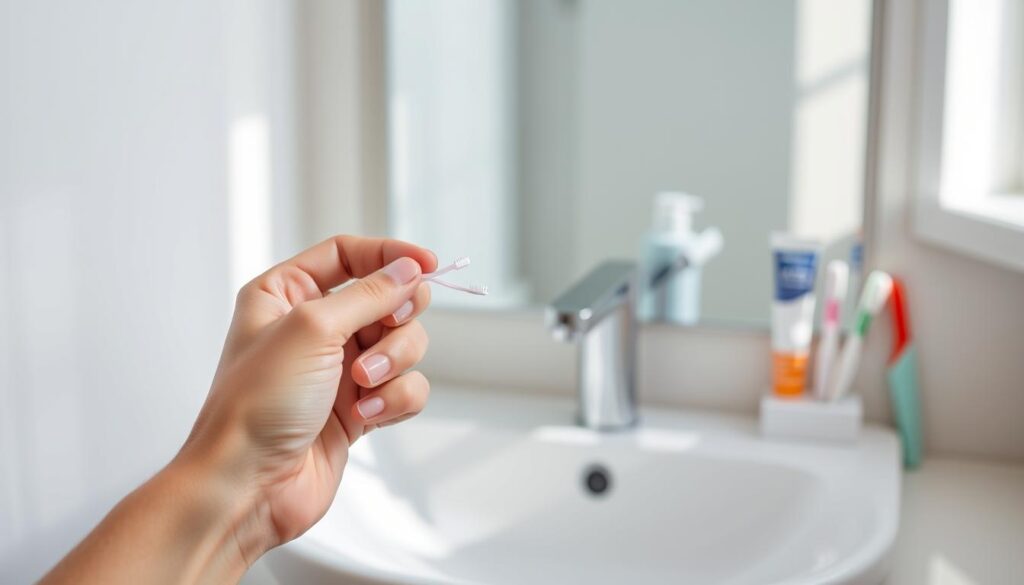 A tranquil, well-lit bathroom scene showcasing the benefits of teeth cleaning. In the foreground, a person's hands gently flossing their teeth, highlighting the smooth, refreshed sensation. The middle ground features a sleek, modern sink and faucet, symbolizing the cleansing process. In the background, an array of dental care products, such as toothbrushes and toothpaste, convey the tools necessary for maintaining oral hygiene. The lighting is soft and natural, creating a calming atmosphere that evokes the satisfaction and well-being associated with a thorough cleaning routine.