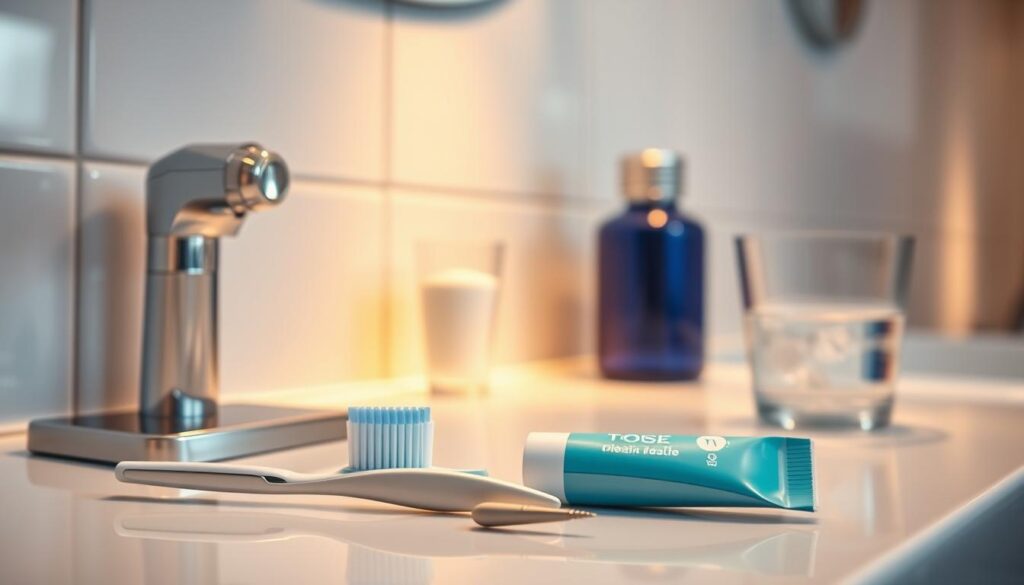 A well-lit bathroom counter, neatly arranged with a toothbrush, toothpaste, dental floss, and a glass of water. In the foreground, a set of dental tools - mirror, probe, and polishing paste - signifying the just-completed cleaning procedure. The background features a clean, minimalist tiled wall, with warm indirect lighting casting a soft glow on the scene. The overall atmosphere conveys a sense of freshness, cleanliness, and attentive post-dental care.