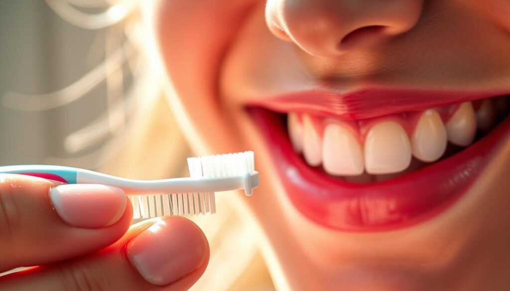 Bright smile maintenance: A close-up view of a person's teeth, gums, and lips, illuminated by warm, natural lighting. The foreground features a hand holding a toothbrush, toothpaste, and a variety of oral hygiene products like mouthwash and dental floss, all arranged neatly. The middle ground showcases a person's bright, healthy-looking smile, with a focus on the clean, white teeth and vibrant, pink gums. The background is blurred, creating a sense of depth and emphasizing the central elements. The overall mood is one of cleanliness, health, and a sense of pride in maintaining a beautiful, radiant smile.