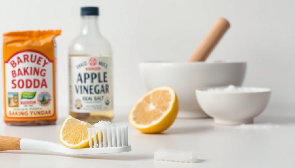 Close-up image of various natural ingredients for home tartar removal, set against a plain white background with soft, even lighting. In the foreground, an assortment of items including a toothbrush, baking soda, lemon wedge, apple cider vinegar, and sea salt. In the middle ground, a mortar and pestle, representing the process of mixing and preparing the remedies. The overall mood is clean, minimalist, and informative, emphasizing the simple, accessible nature of these oral hygiene solutions.