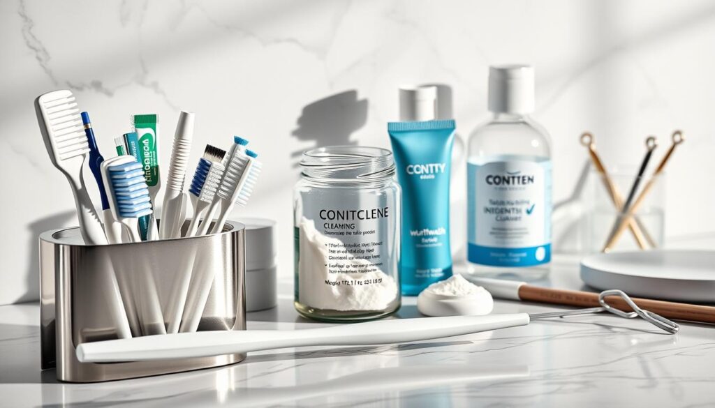 Detailed still life of an assortment of dental cleaning products on a marble counter. In the foreground, a sleek metal toothbrush holder with various bristled brushes, dental floss, and interdental cleaners. In the middle, a glass jar filled with whitening toothpaste, a tube of fluoride-rich dental gel, and a bottle of mouthwash. In the background, a beaker of dental cleaning powder and a couple of dental picks. The scene is evenly lit from above, casting soft shadows and highlights that accentuate the textures of the materials. The overall mood is clinical yet sophisticated, reflecting the importance of proper dental hygiene.
