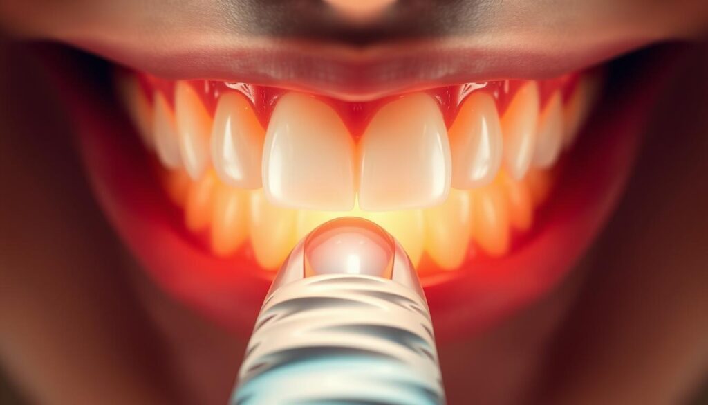 a highly detailed and photorealistic illustration of the benefits of teeth polishing, showing a close-up view of a set of pristine, gleaming teeth against a soft, out-of-focus background. The teeth are illuminated by warm, diffused lighting, creating a sense of depth and dimension. The enamel has a natural, translucent quality, and the surfaces are smooth and polished, with subtle highlights and reflections. In the middle ground, a hand is gently holding a dental polishing tool, suggesting the process of teeth polishing. The overall composition and lighting create a calming, professional atmosphere, emphasizing the care and attention to detail involved in maintaining oral health.